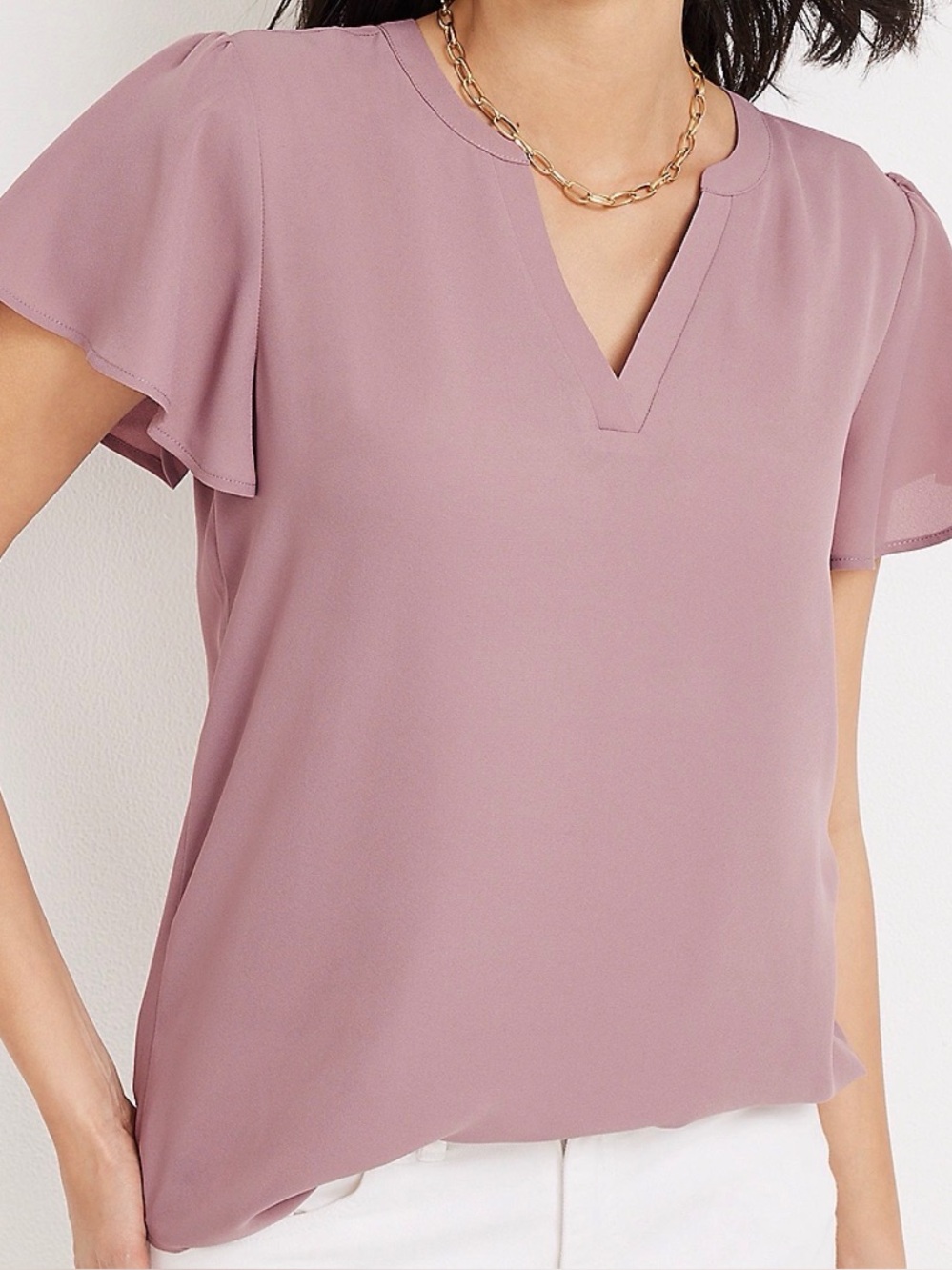 Shop the Mint Lightweight V-Neck Flutter Sleeve Top - Mauve